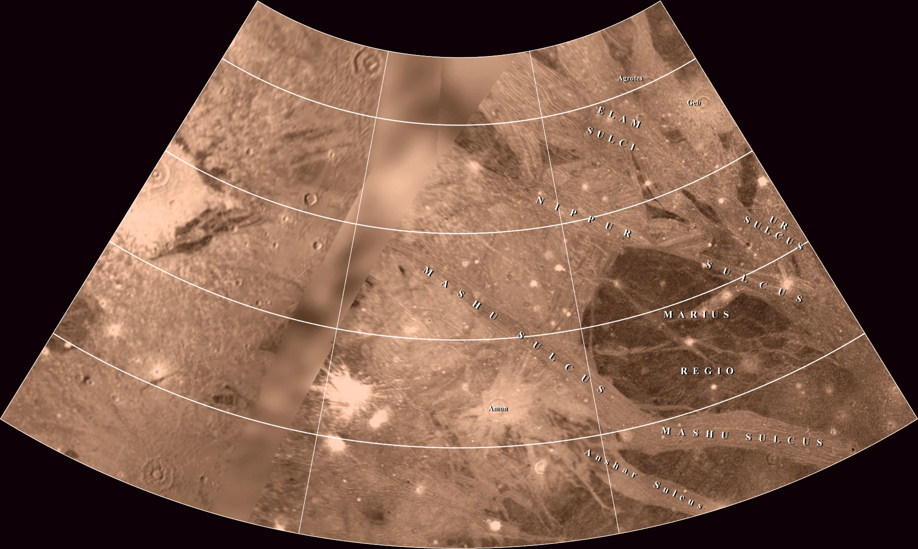 Mapa Ganymeda - Čtyřúhelník Philus Sulcus