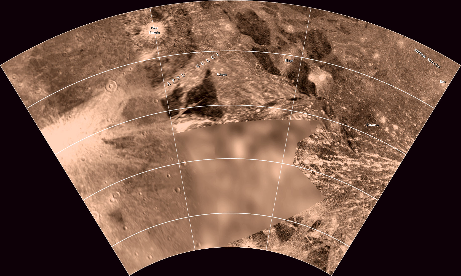 Mapa Ganymeda - Čtyřúhelník Apsu Sulci