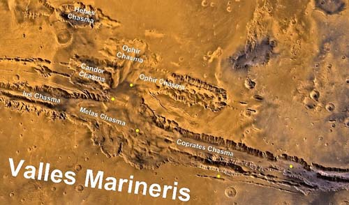 Jména hlavních útvarů Valles Marineris.